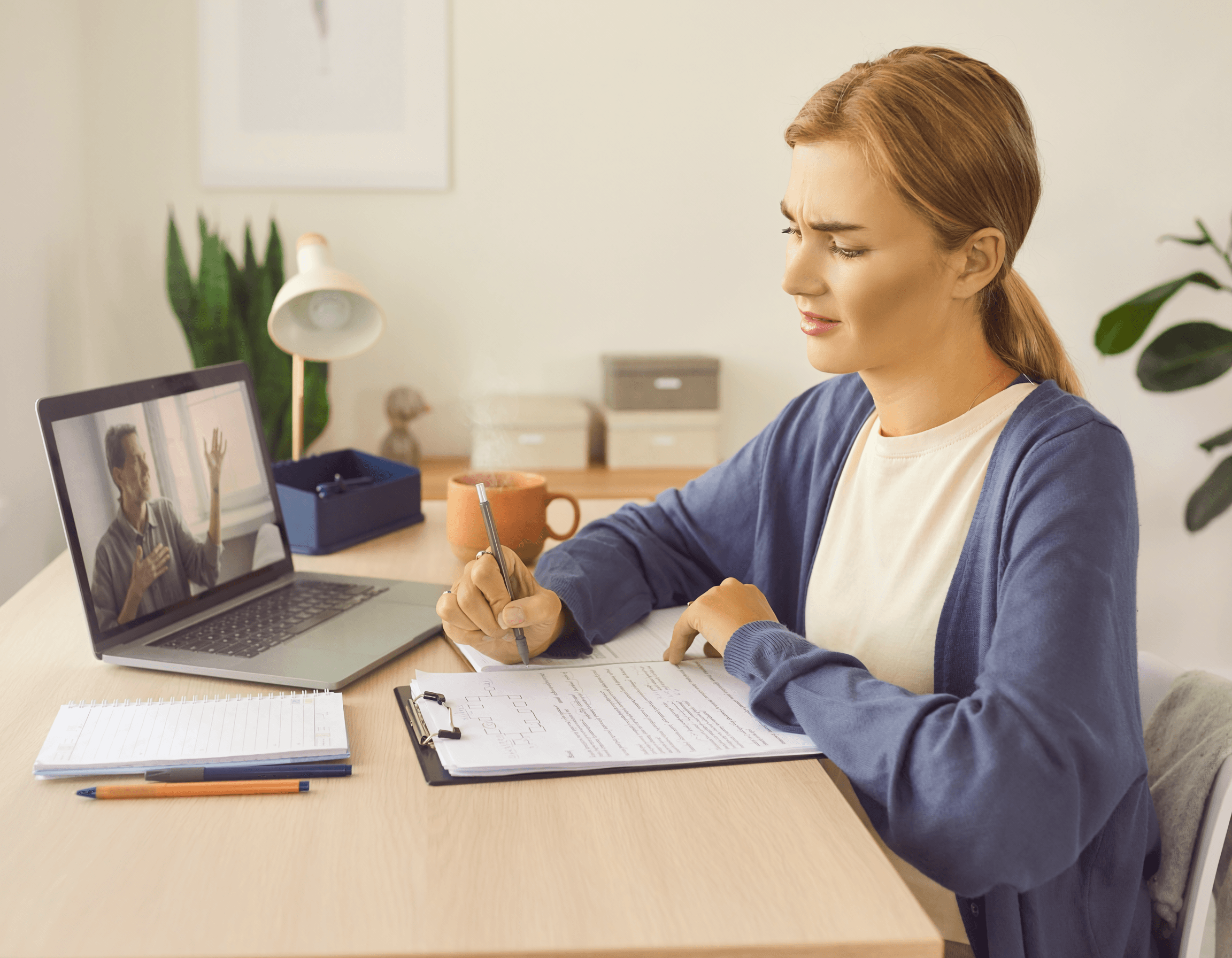 Student reviewing a writing draft during an online tutoring session