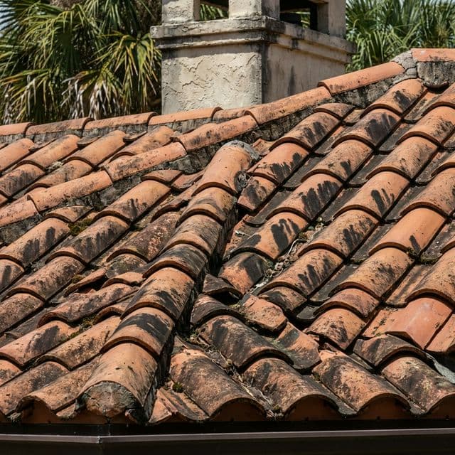 Dirty tile roof with black algae